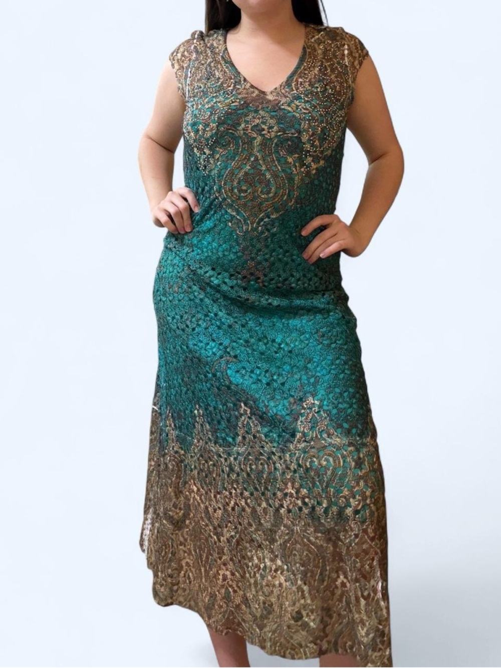 Reba teal crochet midi dress with rhinestone and gold details